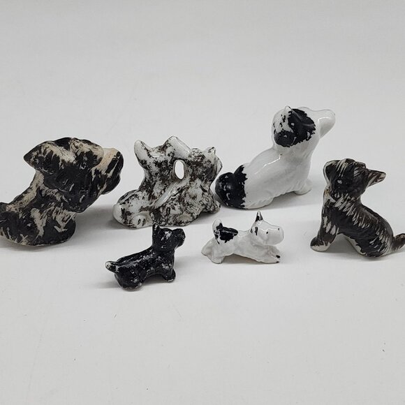 Vintage Ceramic Scottie Dog Figurines Set Of 6 Black & White Miniatures Japan - Picture 7 of 8